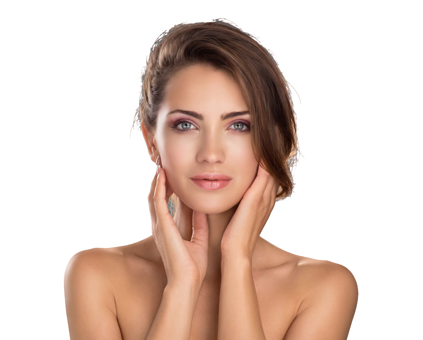 Eloah model with glowing skin, hands framing her face